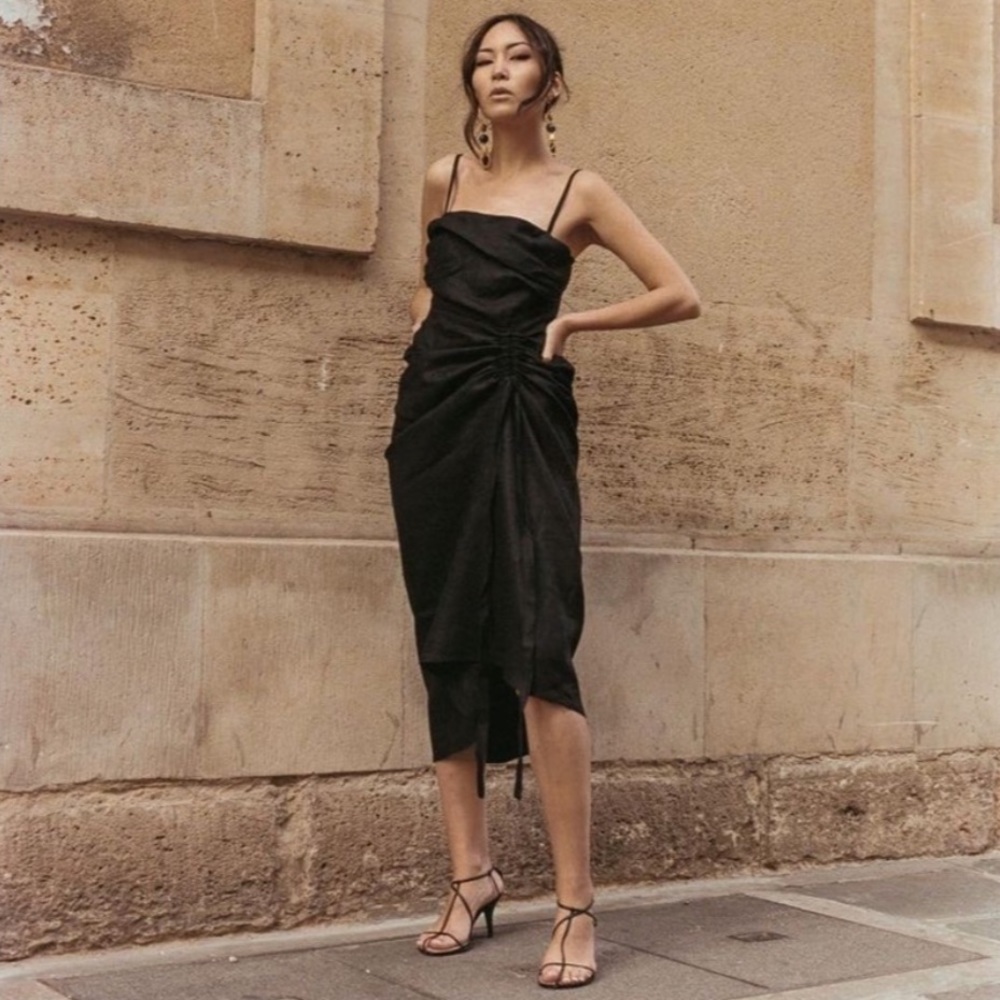 Subtle Simple Black Linen Gathered Dress